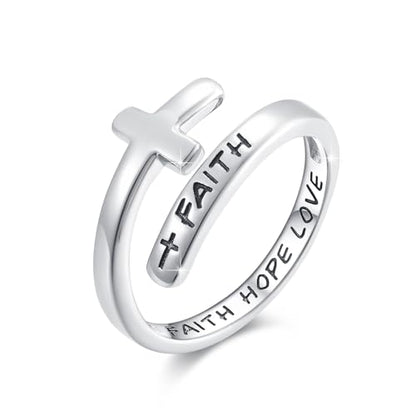 Cross Faith Ring,Sterling Silver Adjustable Open Faith Cross Religious Ring Christian with "Faith Hope Love" Inspiring Incentive Jewerly Gifts for Women