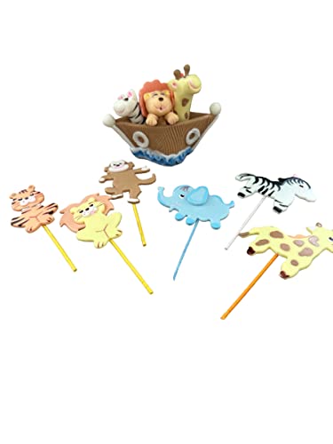 Noah's Ark Cake Toppers Set: Flat figurines cupcake topperes and Centerpiece for Party Decorations - Birthday Party Baby Shower - Animal theme party