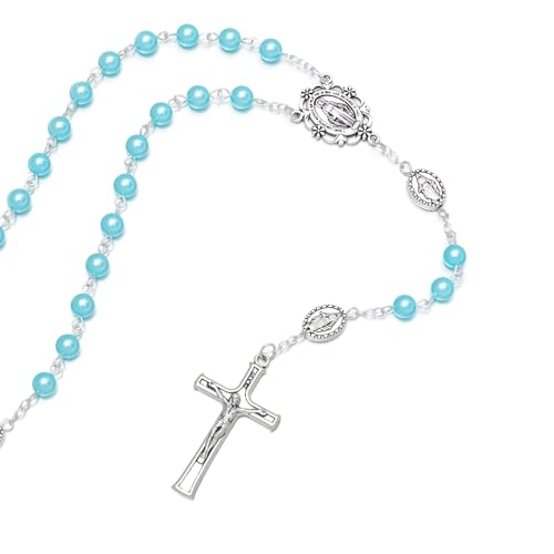 KOMI 6mm Glass Pearl Rosary Beads Catholic for Women with Metal Rosary Box Religious Gifts - style: Virgn Mary-blue