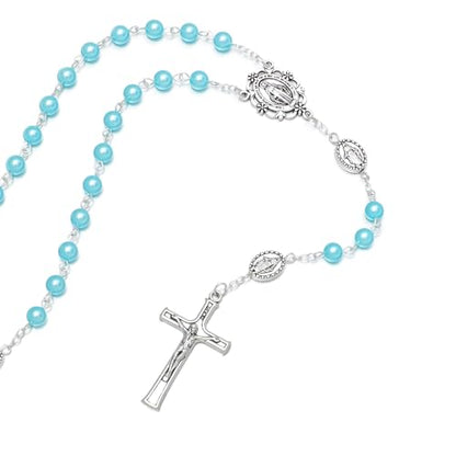 KOMI 6mm Glass Pearl Rosary Beads Catholic for Women with Metal Rosary Box Religious Gifts - style: Virgn Mary-blue
