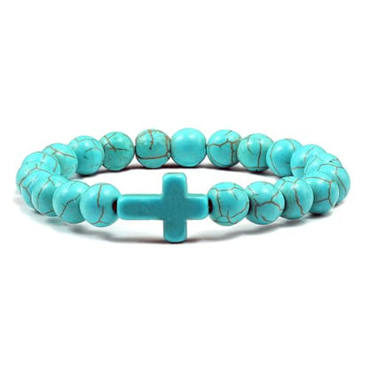 FORUBUS Lava Rock Stone Beaded Bracelet, Cross Charm Natural Volcanic Stone beads Turquoise Stretch Bracelet for Women Men Religion Jewelry Pray Baptism Gift - color: B 1pcs turquoise blue