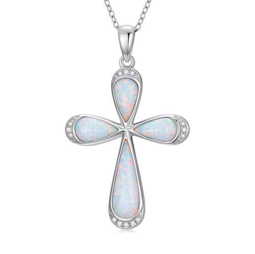 925 Sterling Silver Diamond Cross Necklace with Genuine Opal Pendant Elegant Religious Jewelry Gifts for Women - style: Opal Cross Necklace with Diamond