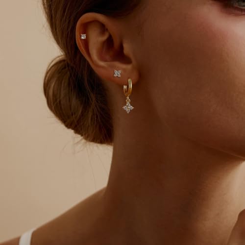 SHERLOVE Gold Earring Stacks Women 3Pairs Dangle Stud Huggie Hoop Set - color: 3 Pairs-Clover 01 Stud Gold