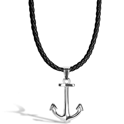 SERASAR Premium Leather Necklace Men | Stainless Steel Pendant | Secure Clasp | Three Colors | Jewelry Box Included - color: Silver, size: 50cm, style: Anchor