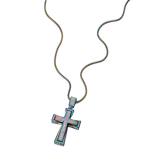COOLSTEELANDBEYOND Mens Womens EXTRA LARGE Steel Cross Pendant Necklace with Cubic Zirconia and Wheat Chain - color: K-Metal Color: Rainbow Colorful