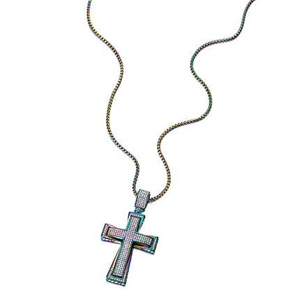 COOLSTEELANDBEYOND Mens Womens EXTRA LARGE Steel Cross Pendant Necklace with Cubic Zirconia and Wheat Chain - color: K-Metal Color: Rainbow Colorful