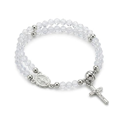 Cross Rosary Bracelet for Women Handcrafted Crystal Virgin Mary Cross Beaded Bracelets Christian Faith Link Bracelets Crucifix Religious Christian Faith Jewelry - color: White