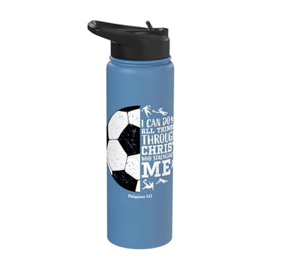 Christian Soccer Faith Graphic Bible Verse Philippians 4:13 Stainless Steel Insulated Water Bottle - color: Light Blue