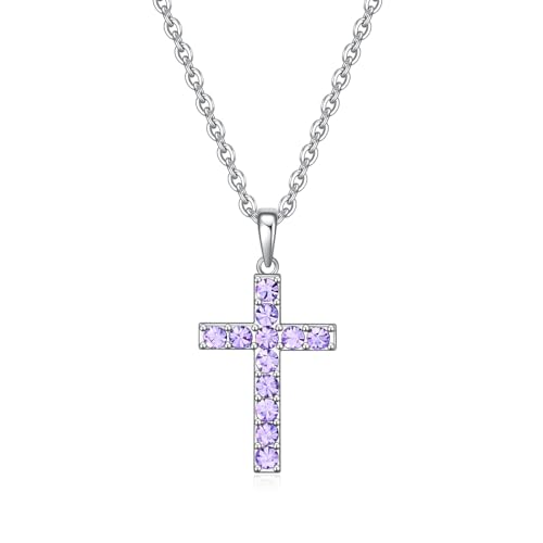 Birthstone Cross Necklace for Women,First Communion Gifts Easter Baptism Cross Jewelry Pendant Gift - color: 06June-Alexandrite Light Purple