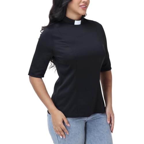 Women's Short Sleeve Clergy T-Shirt - Tab Collar with Back Zipper & Adjustable Collar, Removable White Tabs Minister Top - size: 3X-Large