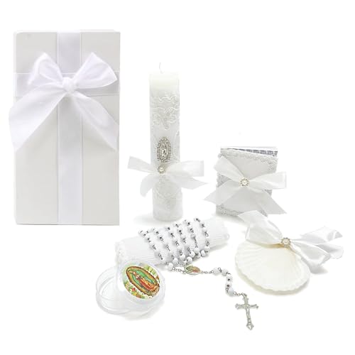 Baptism Candle Set for Boys Girls,White 5 PCS Baptism Kit Virgen De Guadalupe Catholic Candle,Baptismal Towel,Baptismal Shell,Rosary,Bible for Baby Dedication Christening Gift,Velas para Bautizo Niño