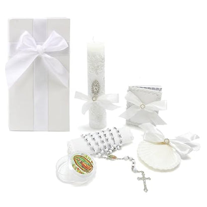 Baptism Candle Set for Boys Girls,White 5 PCS Baptism Kit Virgen De Guadalupe Catholic Candle,Baptismal Towel,Baptismal Shell,Rosary,Bible for Baby Dedication Christening Gift,Velas para Bautizo Niño