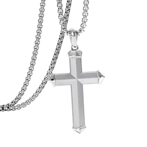 Stainless Steel Cross Necklace for Men with Adjustable Box Chain Christian Cross neckalce Gift - color: Silver