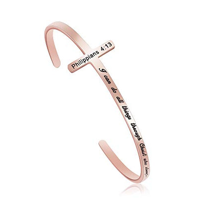 Memgift 𝐂𝐫𝐨𝐬𝐬 𝐁𝐫𝐚𝐜𝐞𝐥𝐞𝐭 Religious Cuff Bangle 𝐁𝐢𝐛𝐥𝐞 𝐕𝐞𝐫𝐬𝐞 Christian Gifts Jewelry for 𝐖𝐨𝐦𝐞𝐧 - style: Rose gold-I can do all things through Christ who strengthens me -Philippians 4:13