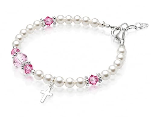 Baptism Bracelets | Cross Charm | Baby Pink Crystal & White Pearl Bracelet - style: 0 - 24 Months - 4.5" Adjustable