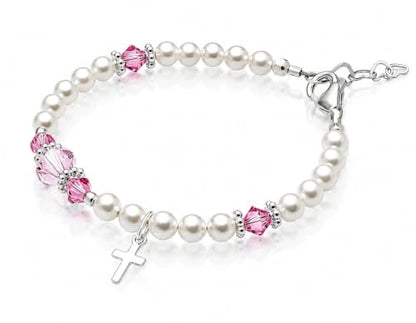 Baptism Bracelets | Cross Charm | Baby Pink Crystal & White Pearl Bracelet - style: 0 - 24 Months - 4.5" Adjustable