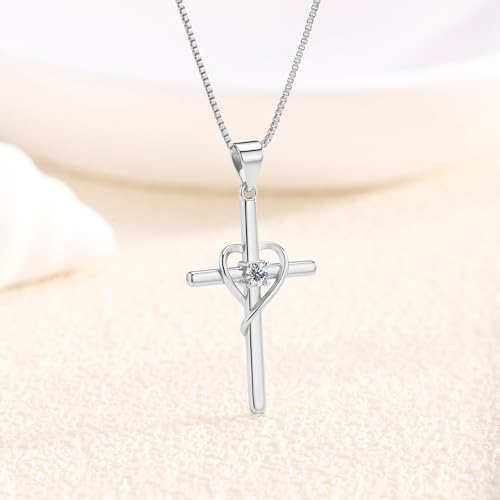 Cross Heart Necklace, 18K Gold Plated Crystal Pendant for Women - color: White
