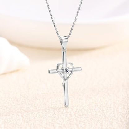 Cross Heart Necklace, 18K Gold Plated Crystal Pendant for Women - color: White