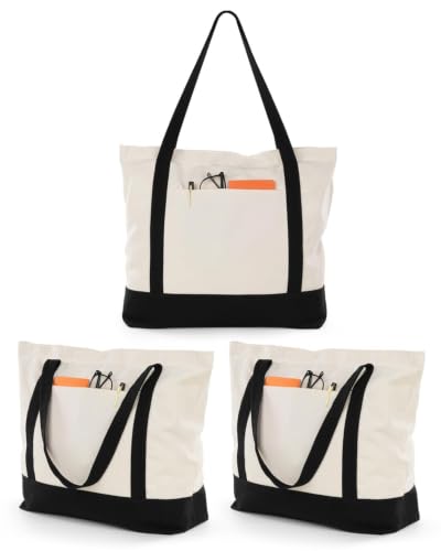 Lzerking 3 Pack Canvas Tote Bag with Zipper and External Pocket