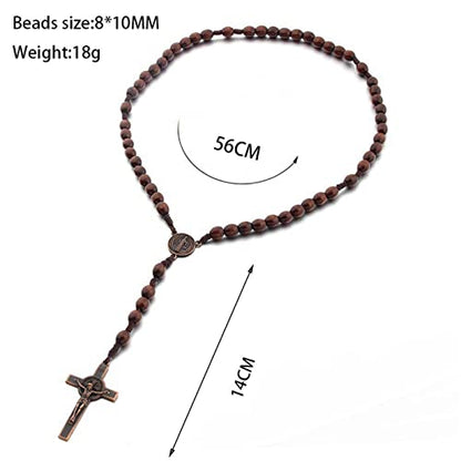 Handmade Wooden Resin Crucifix Rosary Beads Chain Pendant Necklace Colorful Love Heart Catholic Cross Virgin Mary Jesus Necklace for Women Men Religious Lord Praying Jewelry Gift - color: E deep coffee