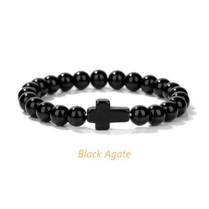 8mm Gemstone Cross Bracelet for Women Men – Stretch Beaded Faith Bracelet with Sideways Cross (Multiple Colors) - style: Black Agate