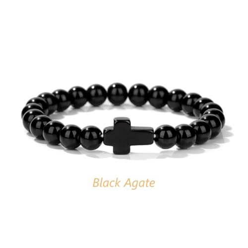8mm Gemstone Cross Bracelet for Women Men – Stretch Beaded Faith Bracelet with Sideways Cross (Multiple Colors) - style: Black Agate