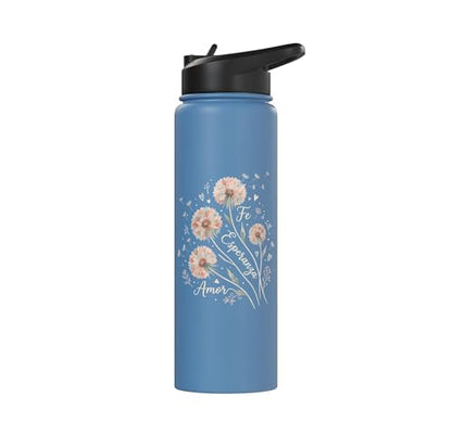 Fe Esperanza Amor Floral Christian Spanish Faith Cristianos Stainless Steel Insulated Water Bottle - color: Light Blue