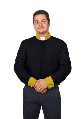 Clergy Shirts for Men - Full Sleeves - Included Tab Collar - color: Black With Gold Contrast, size: 18"-18.5" Neck 36"-37" Sleeve