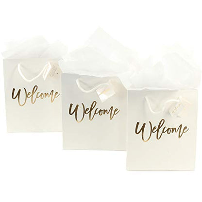 Andaz Press Large White Gold Foil Stamped Welcome Bags for Guests, Bulk Set of 25 Hotel Guests Gift Bags, Church, Destination Wedding, Includes White Tissue Paper and Wedding Welcome Bag Notes