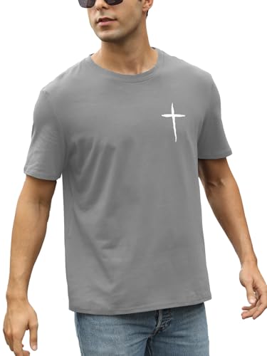 Mens Short Sleeve Cotton T-Shirts Crew Neck Jesus Cross Printed Shirts Faith Christ Shirts - color: Grey, size: Small