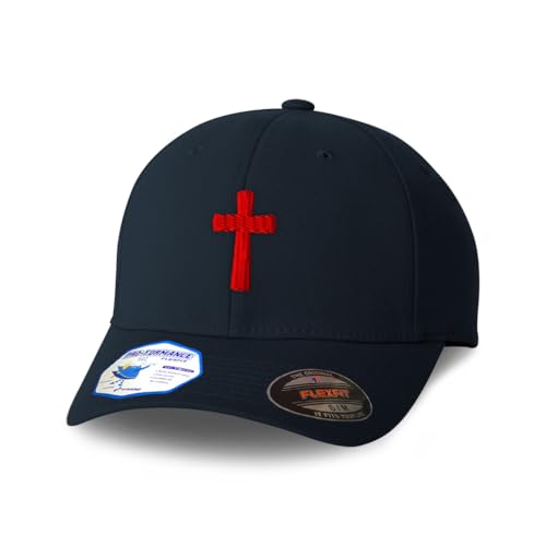 Flexfit Cap for Men & Women Embroidered Cone Cross Red Jesus Faith Christ God Flexfit Hats Baseball Caps - color: Dark Navy Design Only, size: Large-X-Large