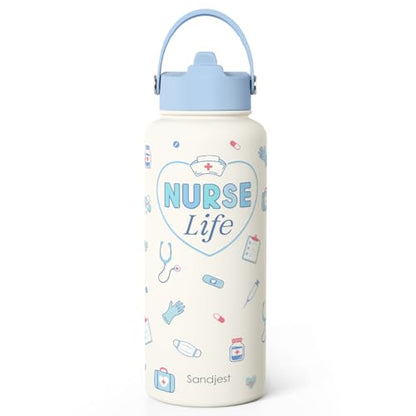SANDJEST Nurse Water Bottle Stainless Steel 32oz with Lid & Straw, Nurse Life Insulated Bottles Gifts for Women Medical Students Friends Birthday Christmas Nurse Week - color: Nurse 3