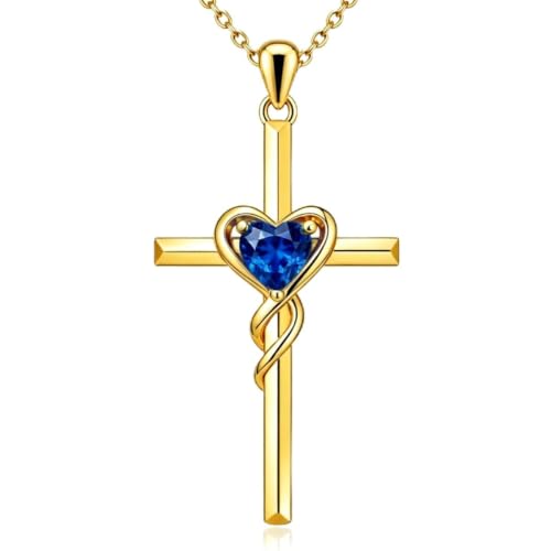 Birthstone Cross Necklace for Women 14K Gold Plated Heart Infinity Cross Pendant Necklace Christian Religious Jewelry Anniversary Birthday Gifts for Wife Mom Her - color: Sept/Sapphire