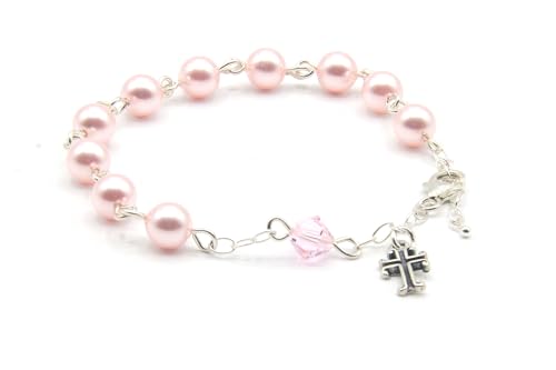 Catholic Communion Rosary Bracelet Created with Swarovski® Crystals, Glass - color: Pearlized Rosaline Pink