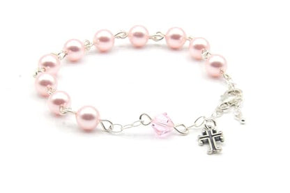 Catholic Communion Rosary Bracelet Created with Swarovski® Crystals, Glass - color: Pearlized Rosaline Pink