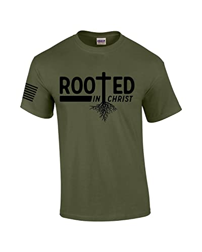 Rooted in Christ Tree Roots Mens Christian Short Sleeve T-Shirt Graphic Tee - color: Military, size: XX-Large