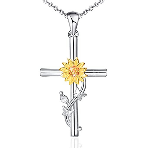 Distance Cross Necklace for Women 925 Sterling Silver Jewelry Pendant Necklace for Mom Wife Gift for Mother's Day or Birthday - style: Sunflower Cross Necklace