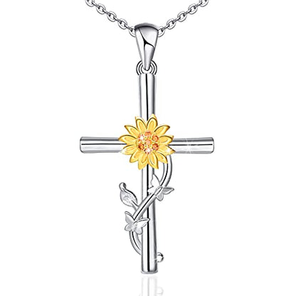 Distance Cross Necklace for Women 925 Sterling Silver Jewelry Pendant Necklace for Mom Wife Gift for Mother's Day or Birthday - style: Sunflower Cross Necklace