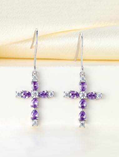 YL 925 Sterling Silver Cross Dangle Earrings Halo Birthstone Hook Earrings Religious Jewelry for Women - color: 2-amethyst-Feb