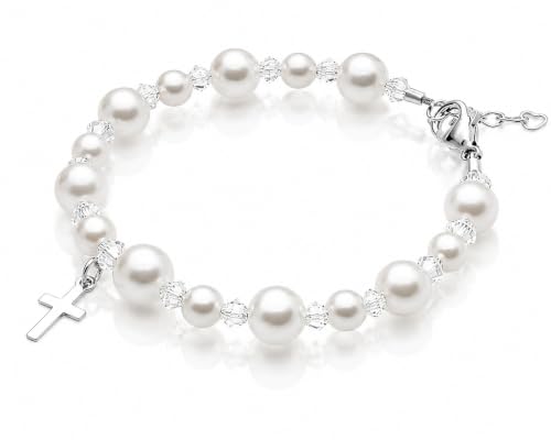 Baby Crystals Sterling Silver Cross Charm | White Pearl Baptism Bracelet - style: 0-24 Months Adjustable