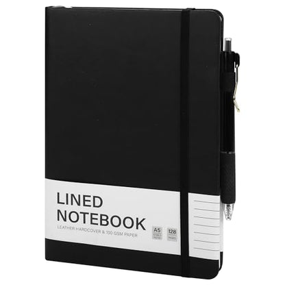 Aodaer 1 Set Lined Notebook Journal with Pen A5 Notebooks 100 GSM College Ruled Hardcover Notebook PU Leather Notepad with Pen Holder for Office School, 5.7 x 8.3 Inches, Black - color: Black