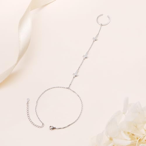 S925 Sterling Silver Finger Ring Bracelet Hand Adjustable Chain for Women - style: Cross
