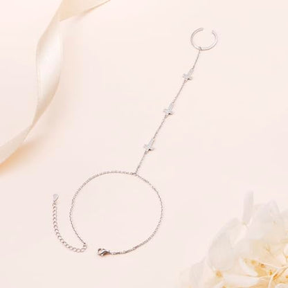 S925 Sterling Silver Finger Ring Bracelet Hand Adjustable Chain for Women - style: Cross
