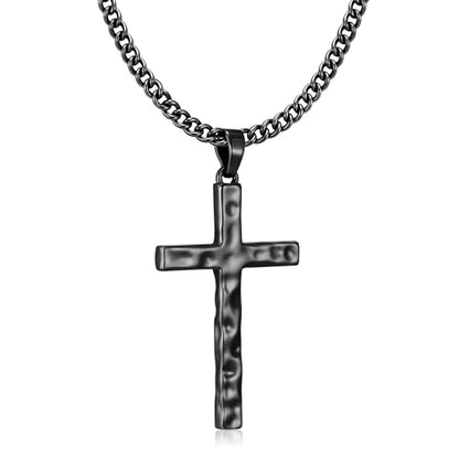 Cross Necklace for Men Boys - Hammered Cross Pendant with Cuban Chain Unique Crucifix Necklaces Christmas Christian Religious Jewelry Gifts 22+2 Inches - color: Black