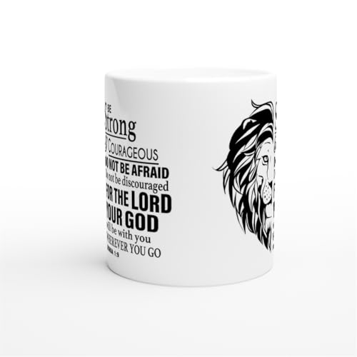 Christian Gifts Lion Ceramic Coffee Mug. Microwave and Dishwasher-safe Inspirational Scripture Coffee and Tea Mug for Men and Women with Bible Verse: Strong & Courageous – Joshua 1:9-11oz - size: 11 Ounces