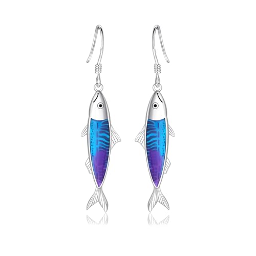 Sardine Fish Earrings for Sea Lovers - Sterling Silver Sardine Fish Dangle Earrings Marine Theme Fishing Party Ocean Jewelry Gift for Beach Vacation