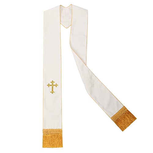 BLESSUME 1PC Clergy Mass Stole Cross Embroidered Wedding Stole - color: White/Gold 2