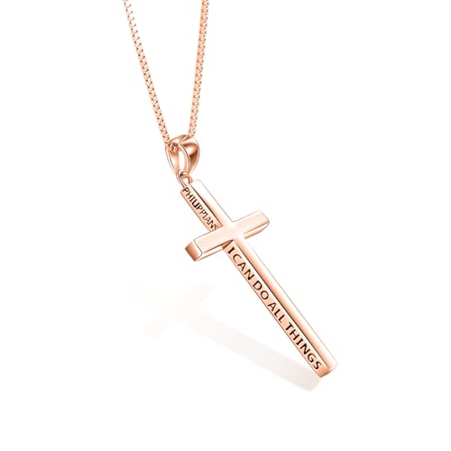 POPLYKE Cross Necklace 925 Sterling Silver Philippians 4:13 I Can Do All The Things Inspirational Necklace Gifts for Women Men 20+2'' - color: Rose Gold