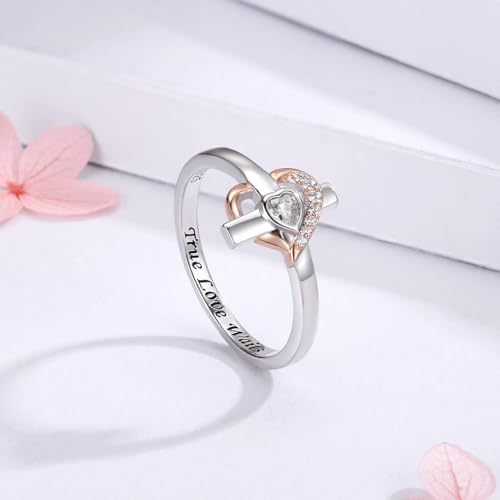 925 Sterling Silver True Love Waits Ring for Women Cross and Heart Promise Ring Christian Purity Faith Jewelry Inspirational Religious Gift for Her
