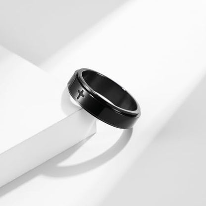 8MM Stainless Steel Cross Christian Ring Classic Plain Spinner Wedding Band for Men Women - color: 6mm - Black